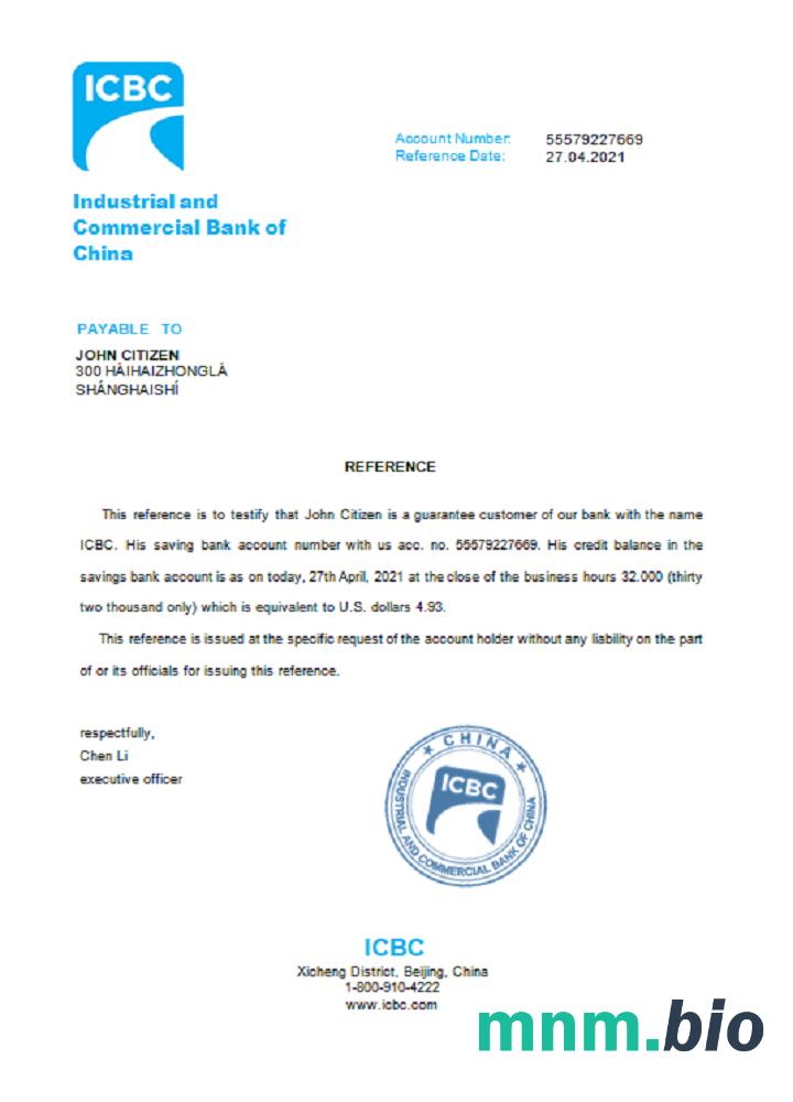 Przykład odniesienia Chińskiego Banku przemysłowego i komercyjnego w formatach Word i PDF